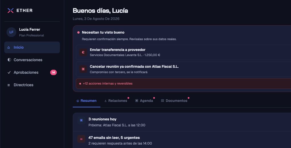 XETHER dashboard showing pending approvals, meetings and prepared work; interface in Spanish